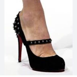 Christian Louboutin Black Studded Mary Jane Pump with Red Sole 38.5